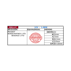 MOTOR DE PARTIDA PEUGEOT PATNER/CITROEN 13D 12V MTMBO07 - Imagen 2