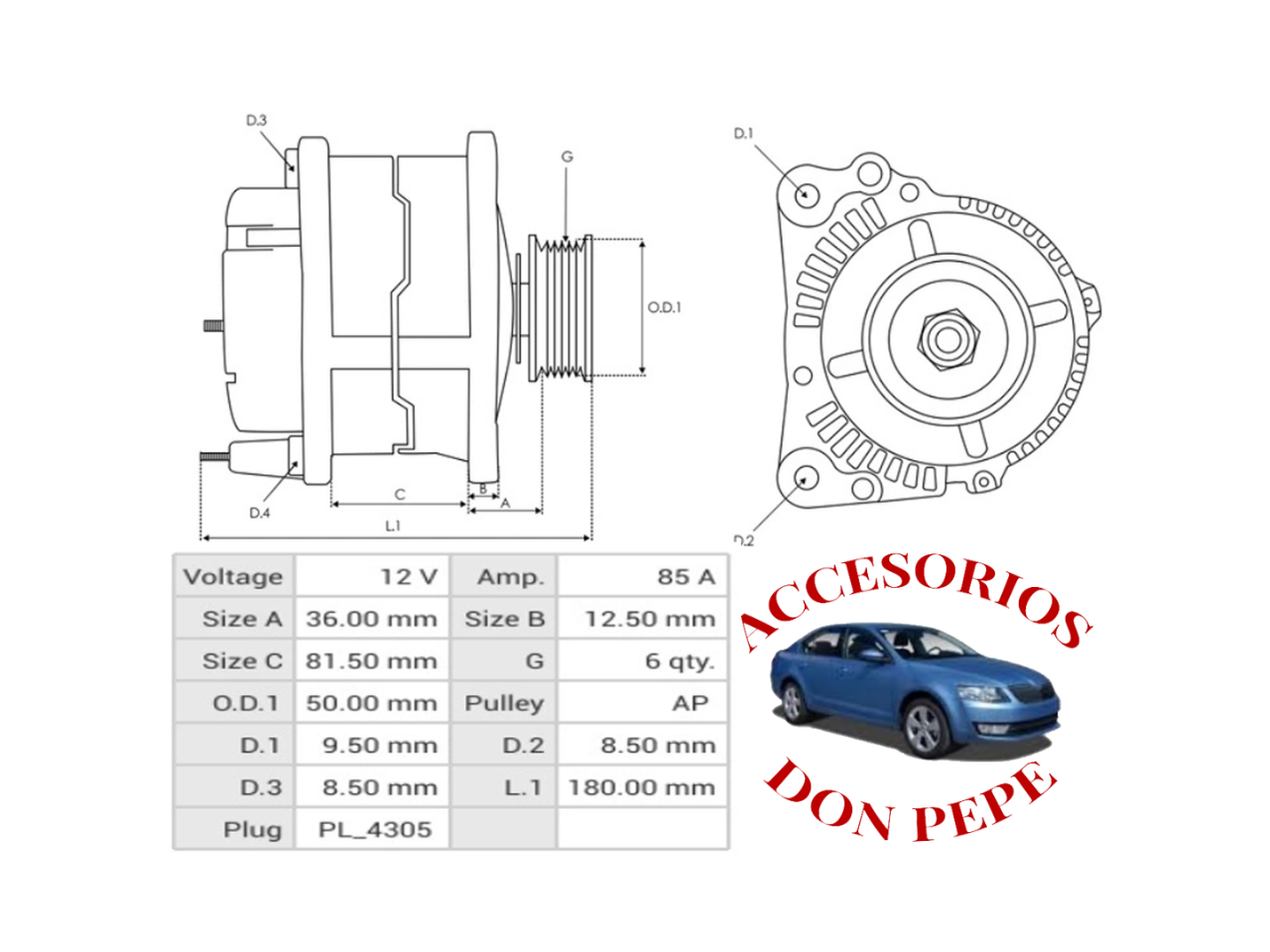 ALTERNADOR CHEVROLET AVEO 1.4 16V 12V 85A 6PK - Imagen 7