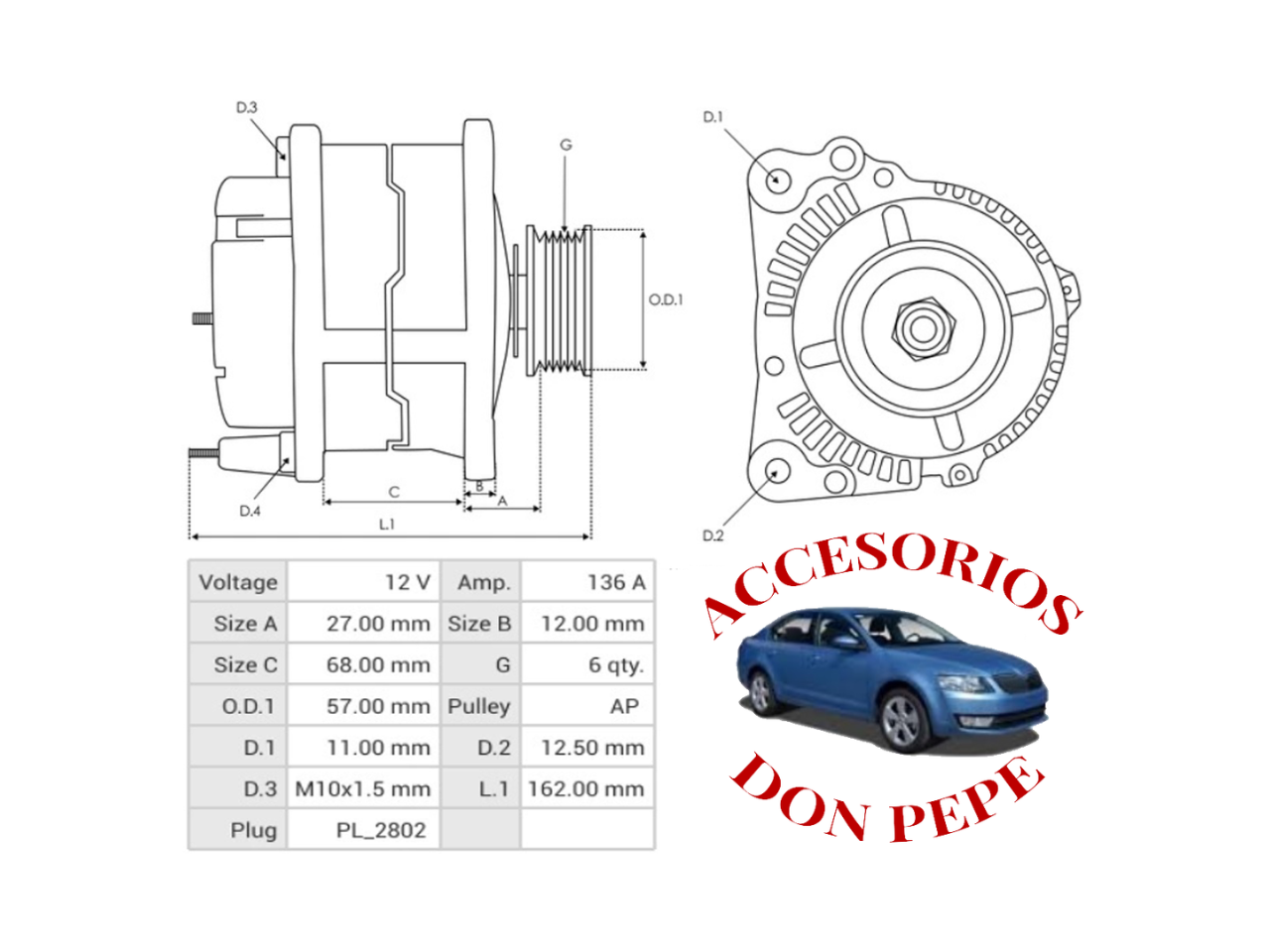 ALTERNADOR 12V 136A DODGE DAKOTA 3.7L - Imagen 6